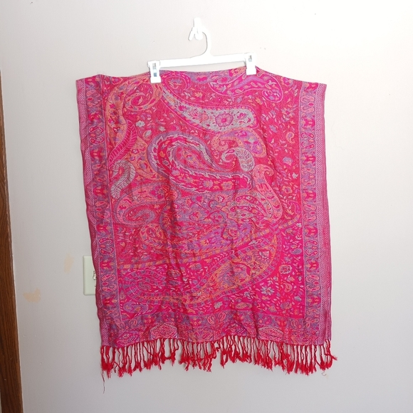 Red Paisley Bohemian Festival Fringe Scarf Shawl 27"X59" - Picture 7 of 10